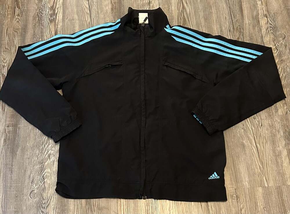 Vintage Adidas 3 Stripe Windbreaker Jacket Black Aqua Blue